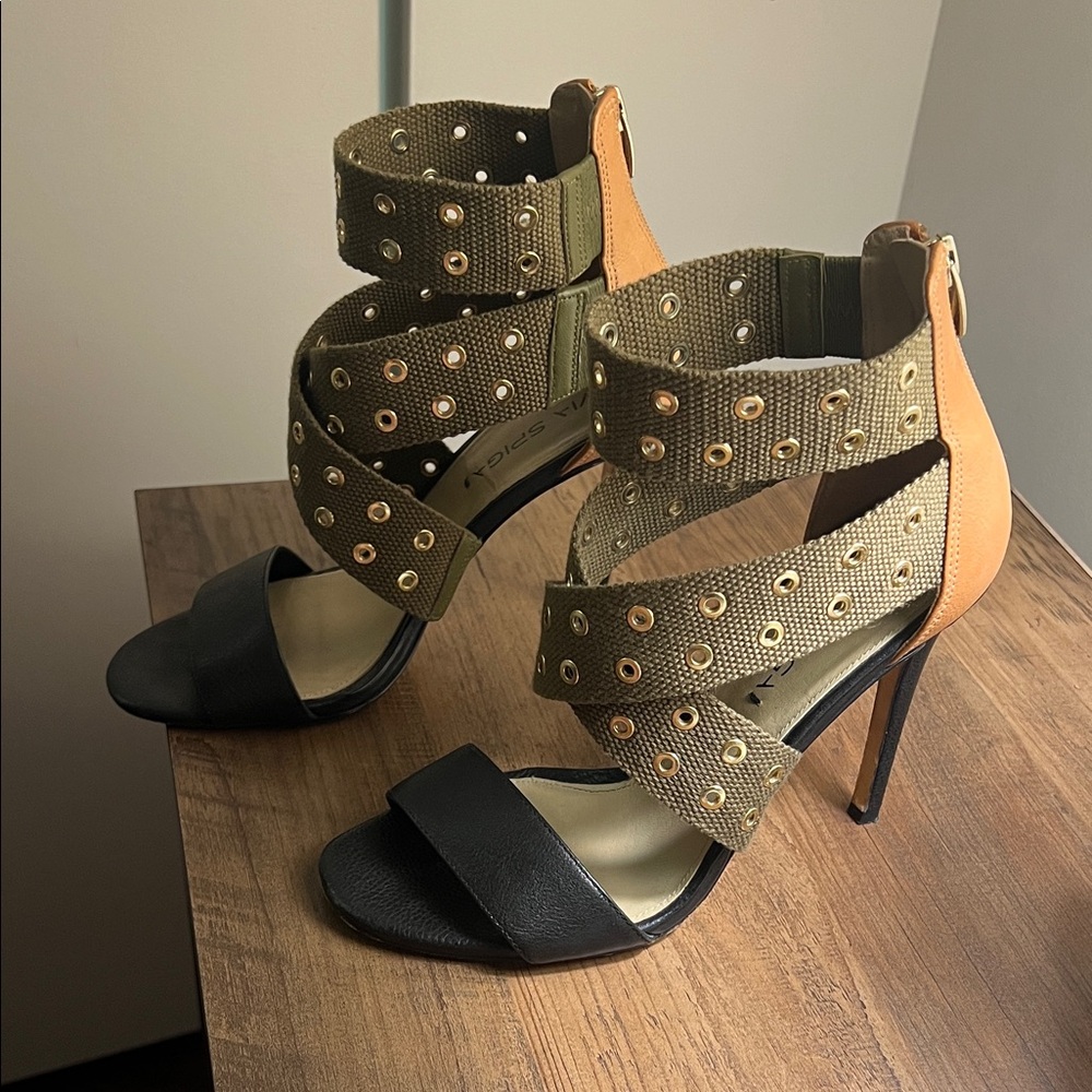 Via Spiga Black and Olive Heeled Sandals - Picture 2 of 4